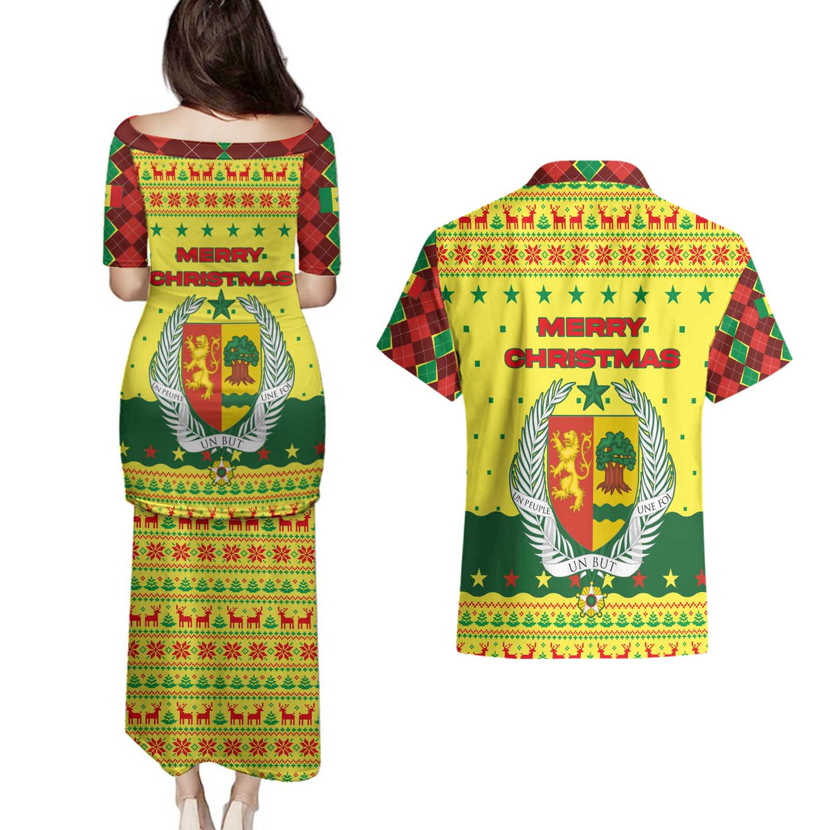 Senegal Christmas Couples Matching Puletasi and Hawaiian Shirt with Yellow-Green-Red Design, Baobab Tree, and National Coat of Arms Motif - Wonder Print Shop