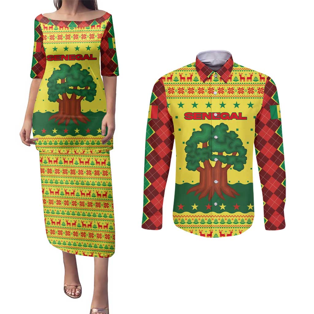 Senegal Christmas Couples Matching Puletasi and Long Sleeve Button Shirt with Yellow-Green-Red Design, Baobab Tree, and National Coat of Arms Motif - Wonder Print Shop