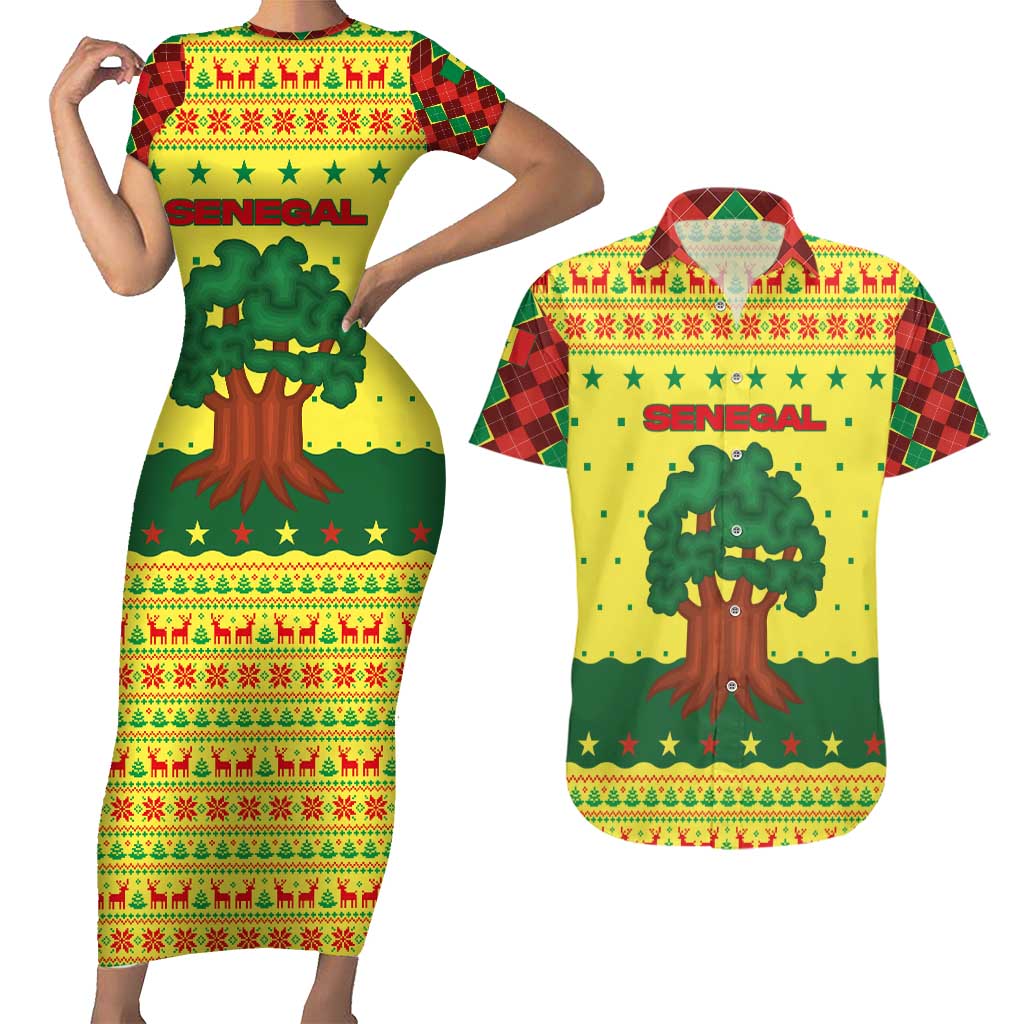 Senegal Christmas Couples Matching Short Sleeve Bodycon Dress and Hawaiian Shirt with Yellow-Green-Red Design, Baobab Tree, and National Coat of Arms Motif - Wonder Print Shop
