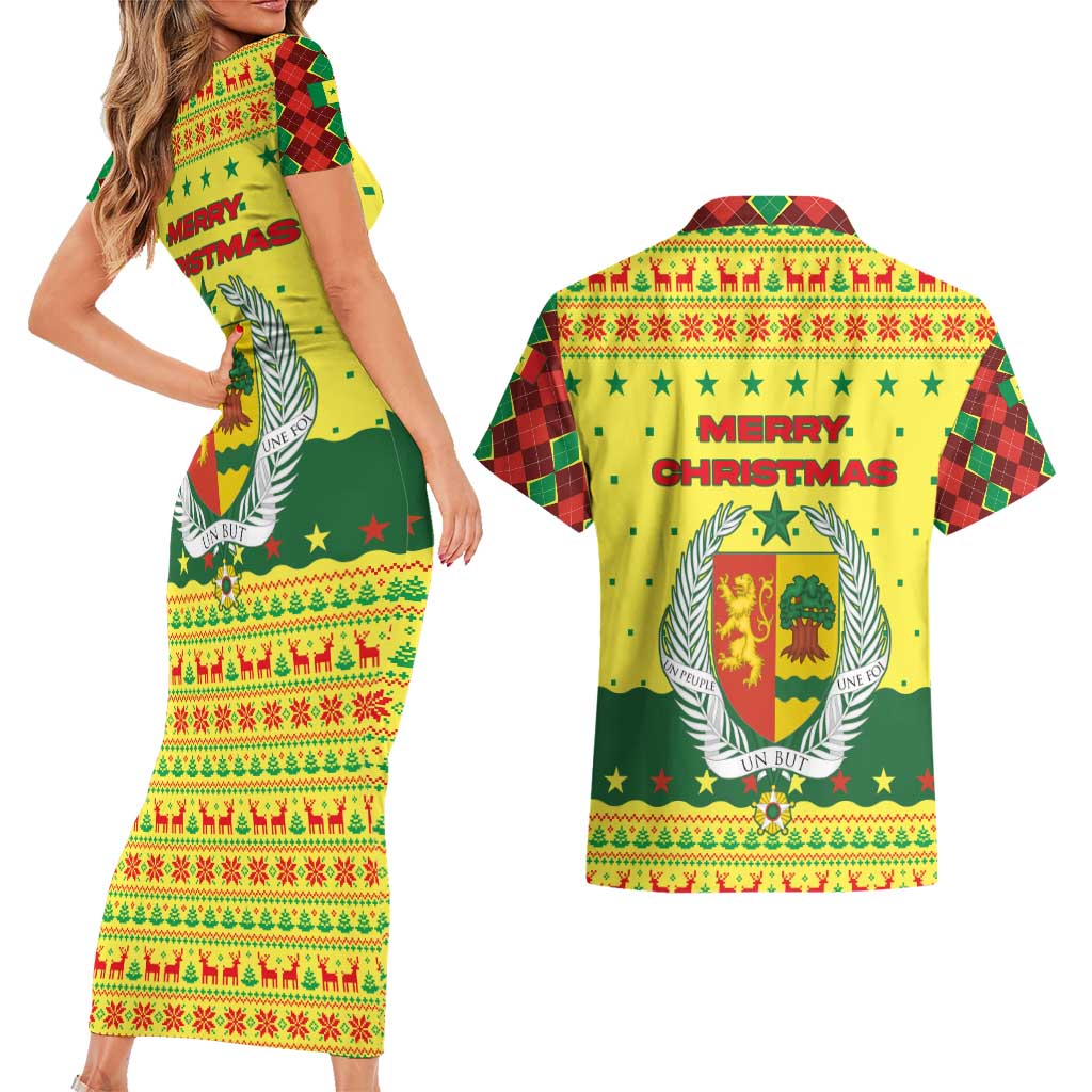 Senegal Christmas Couples Matching Short Sleeve Bodycon Dress and Hawaiian Shirt with Yellow-Green-Red Design, Baobab Tree, and National Coat of Arms Motif - Wonder Print Shop