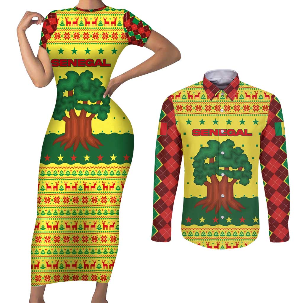 Senegal Christmas Couples Matching Short Sleeve Bodycon Dress and Long Sleeve Button Shirt with Yellow-Green-Red Design, Baobab Tree, and National Coat of Arms Motif - Wonder Print Shop