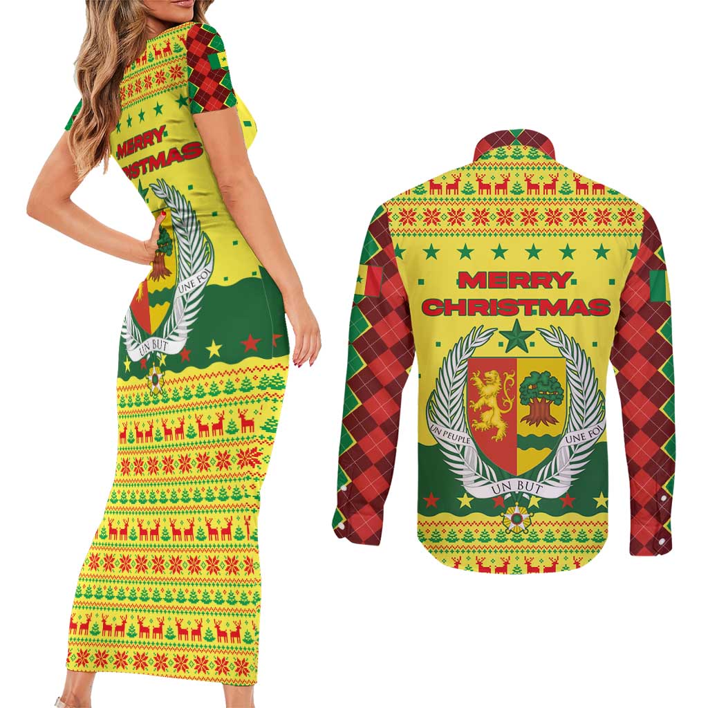 Senegal Christmas Couples Matching Short Sleeve Bodycon Dress and Long Sleeve Button Shirt with Yellow-Green-Red Design, Baobab Tree, and National Coat of Arms Motif - Wonder Print Shop