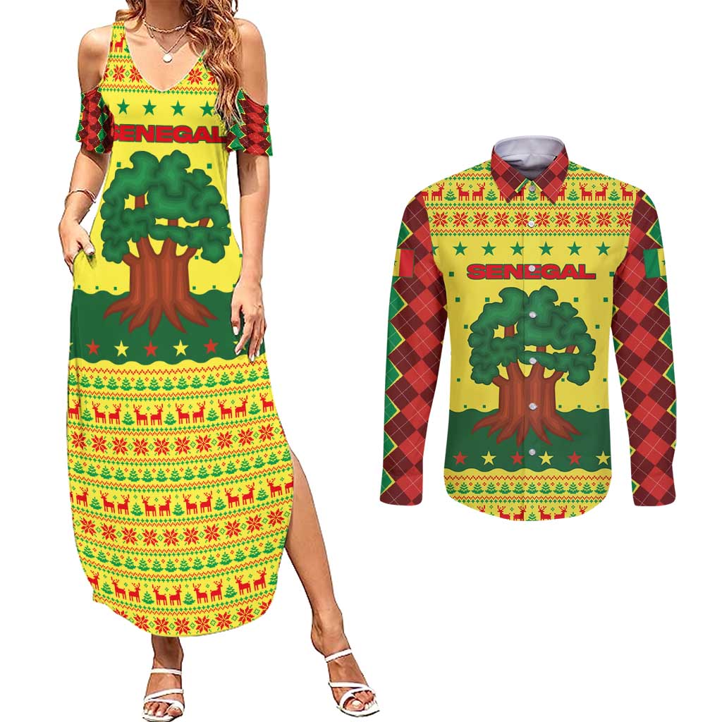 Senegal Christmas Couples Matching Summer Maxi Dress and Long Sleeve Button Shirt with Yellow-Green-Red Design, Baobab Tree, and National Coat of Arms Motif - Wonder Print Shop