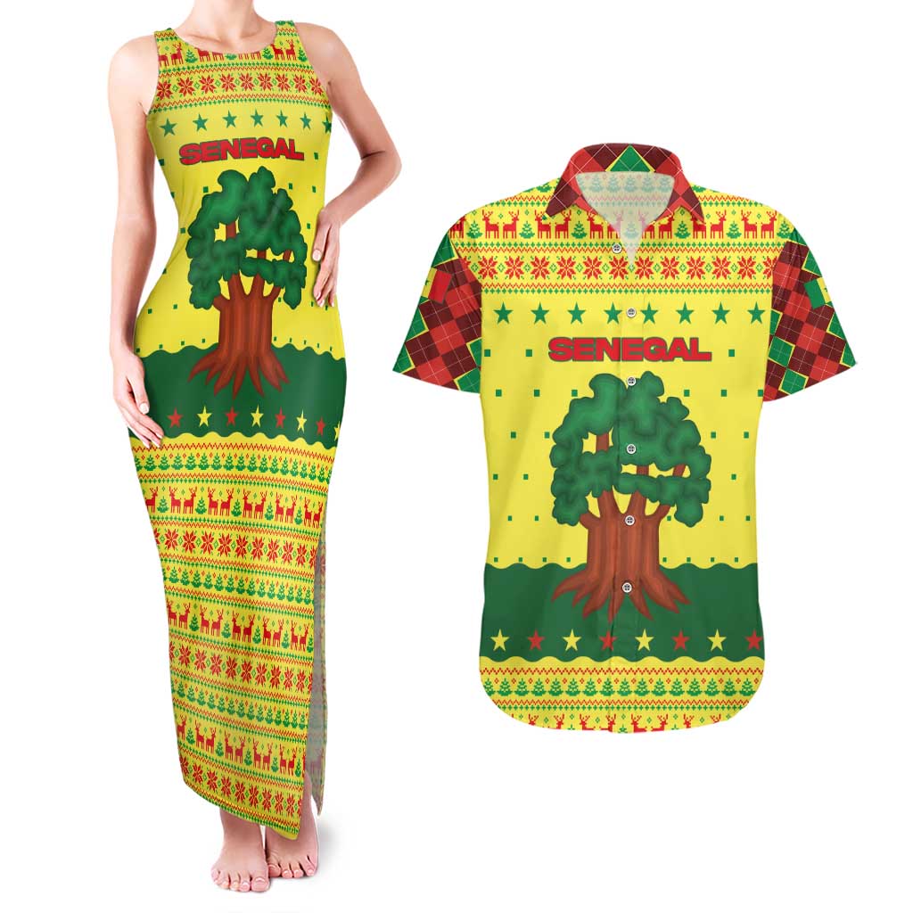 Senegal Christmas Couples Matching Tank Maxi Dress and Hawaiian Shirt with Yellow-Green-Red Design, Baobab Tree, and National Coat of Arms Motif - Wonder Print Shop