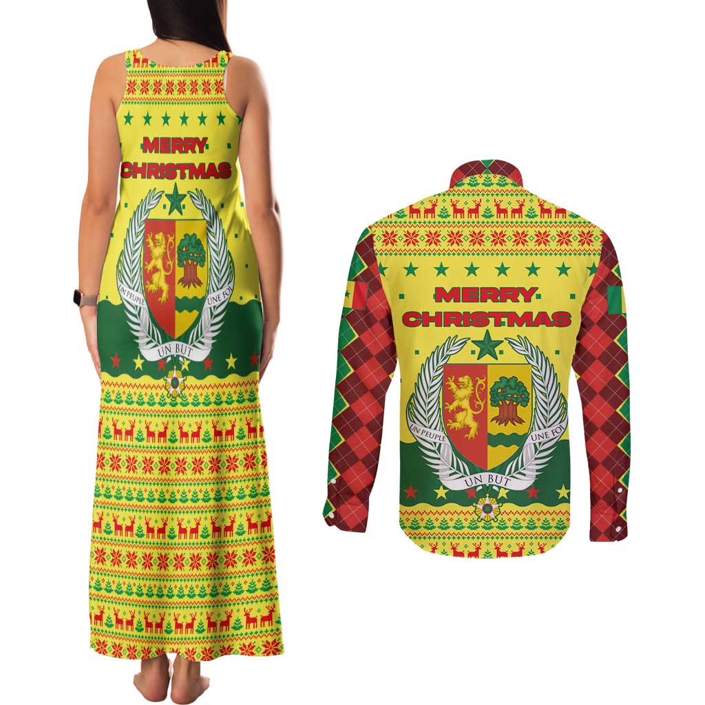 Senegal Christmas Couples Matching Tank Maxi Dress and Long Sleeve Button Shirt with Yellow-Green-Red Design, Baobab Tree, and National Coat of Arms Motif - Wonder Print Shop