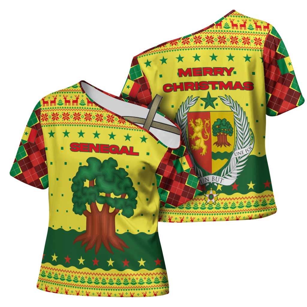 Senegal Christmas Cross Shoulder Shirt with Yellow-Green-Red Design, Baobab Tree, and National Coat of Arms Motif - Wonder Print Shop