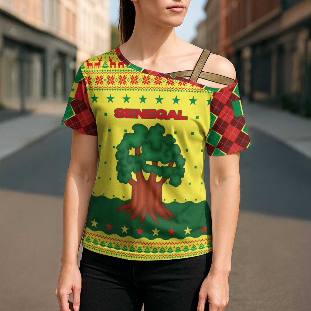 Senegal Christmas Cross Shoulder Shirt with Yellow-Green-Red Design, Baobab Tree, and National Coat of Arms Motif - Wonder Print Shop