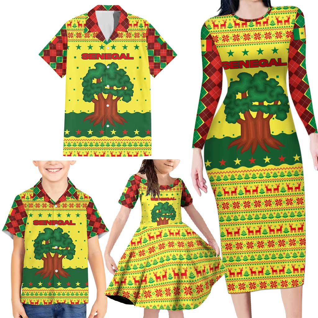 Senegal Christmas Family Matching Long Sleeve Bodycon Dress and Hawaiian Shirt with Yellow-Green-Red Design, Baobab Tree, and National Coat of Arms Motif - Wonder Print Shop