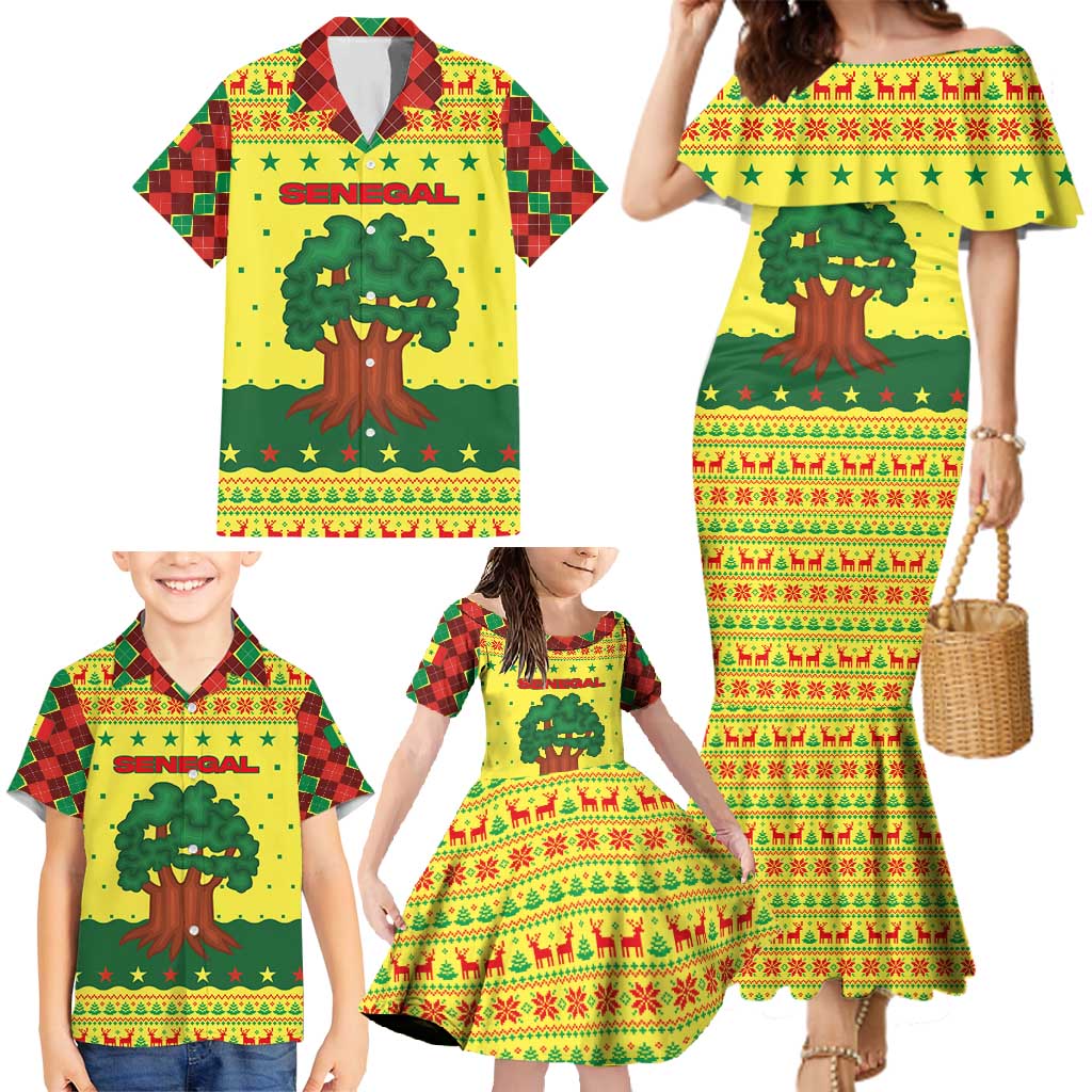 Senegal Christmas Family Matching Mermaid Dress and Hawaiian Shirt with Yellow-Green-Red Design, Baobab Tree, and National Coat of Arms Motif - Wonder Print Shop