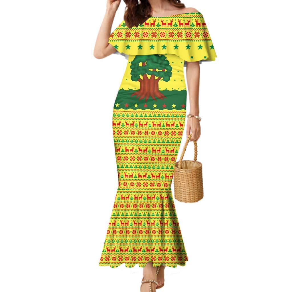 Senegal Christmas Family Matching Mermaid Dress and Hawaiian Shirt with Yellow-Green-Red Design, Baobab Tree, and National Coat of Arms Motif - Wonder Print Shop