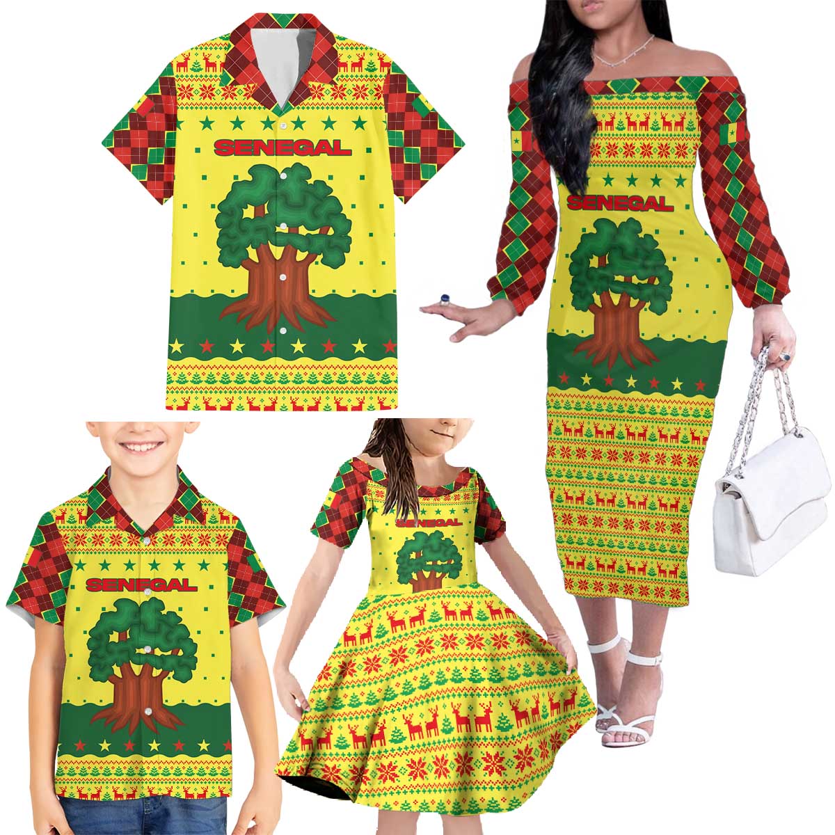 Senegal Christmas Family Matching Off The Shoulder Long Sleeve Dress and Hawaiian Shirt with Yellow-Green-Red Design, Baobab Tree, and National Coat of Arms Motif - Wonder Print Shop
