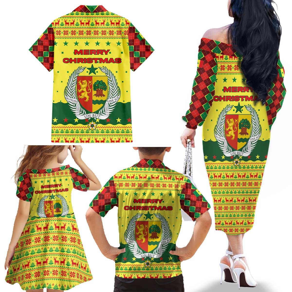 Senegal Christmas Family Matching Off The Shoulder Long Sleeve Dress and Hawaiian Shirt with Yellow-Green-Red Design, Baobab Tree, and National Coat of Arms Motif - Wonder Print Shop