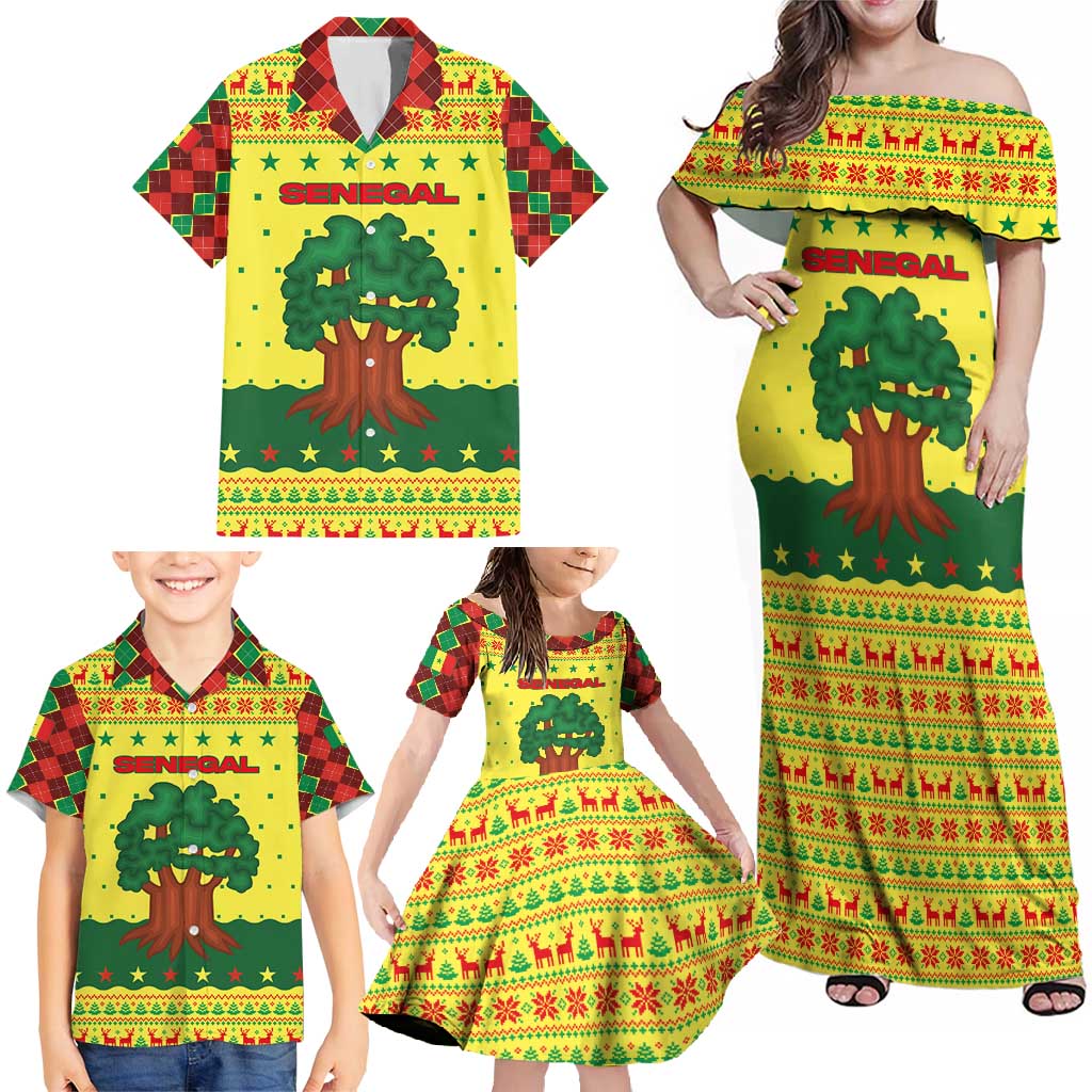 Senegal Christmas Family Matching Off Shoulder Maxi Dress and Hawaiian Shirt with Yellow-Green-Red Design, Baobab Tree, and National Coat of Arms Motif - Wonder Print Shop