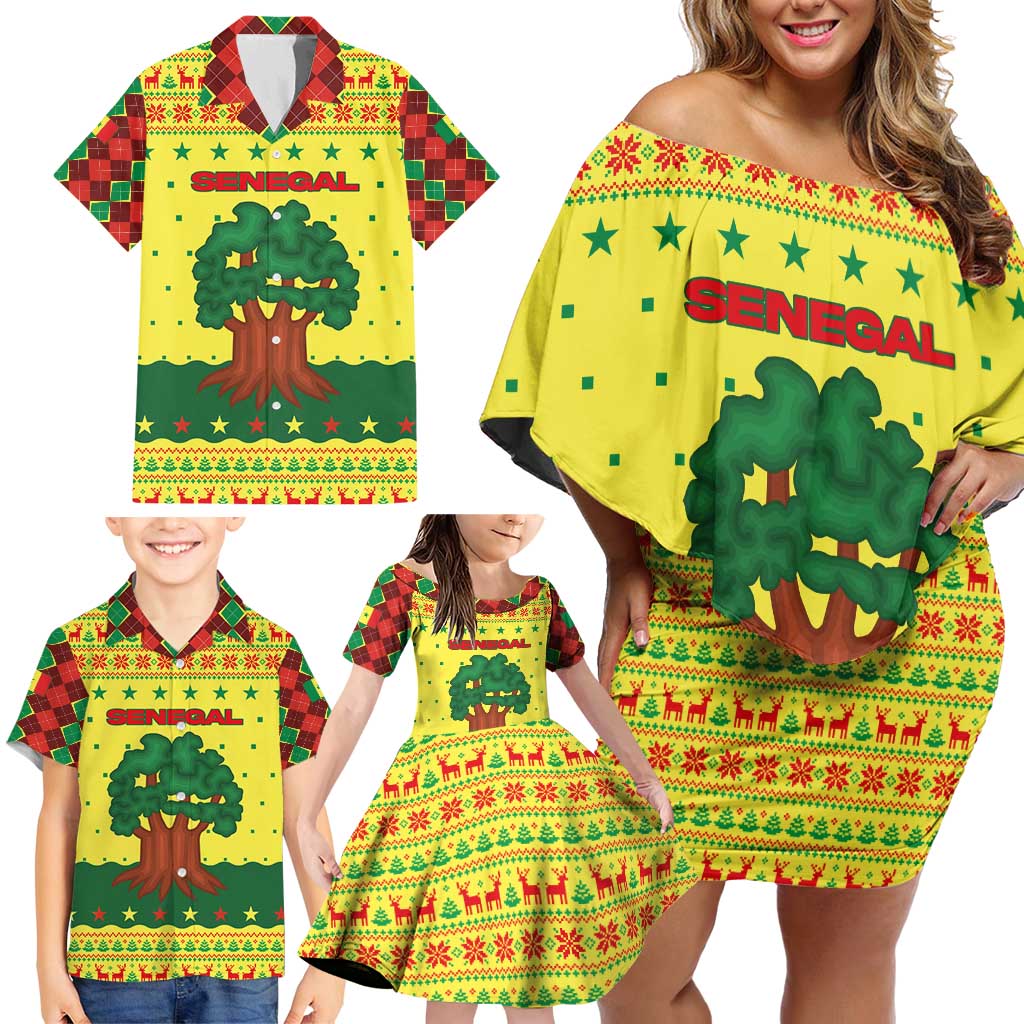 Senegal Christmas Family Matching Off Shoulder Short Dress and Hawaiian Shirt with Yellow-Green-Red Design, Baobab Tree, and National Coat of Arms Motif - Wonder Print Shop