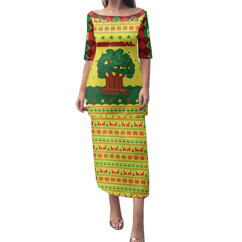 Senegal Christmas Family Matching Puletasi and Hawaiian Shirt with Yellow-Green-Red Design, Baobab Tree, and National Coat of Arms Motif - Wonder Print Shop
