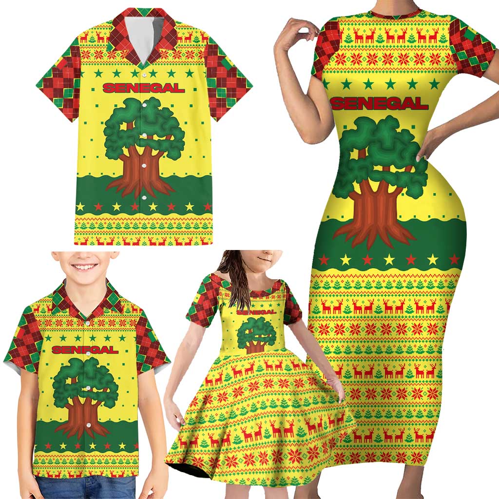 Senegal Christmas Family Matching Short Sleeve Bodycon Dress and Hawaiian Shirt with Yellow-Green-Red Design, Baobab Tree, and National Coat of Arms Motif - Wonder Print Shop