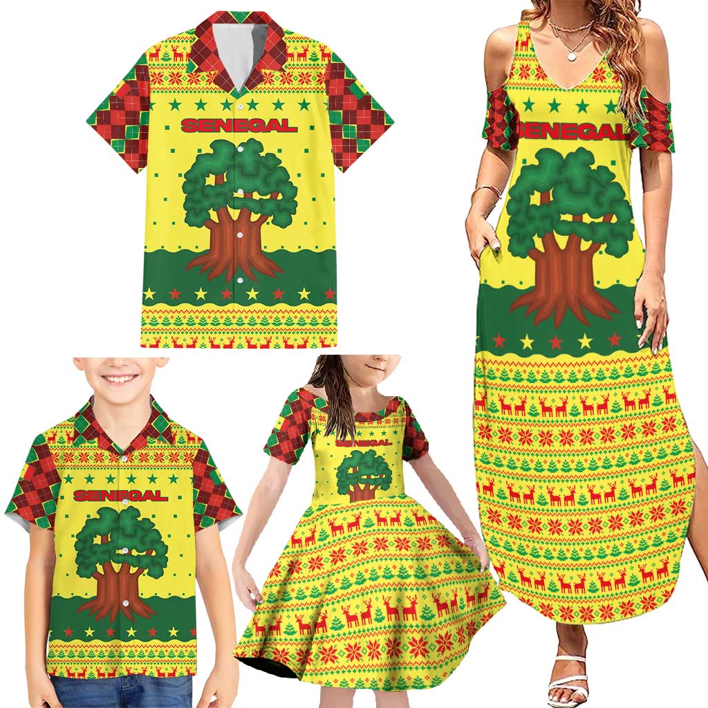 Senegal Christmas Family Matching Summer Maxi Dress and Hawaiian Shirt with Yellow-Green-Red Design, Baobab Tree, and National Coat of Arms Motif - Wonder Print Shop