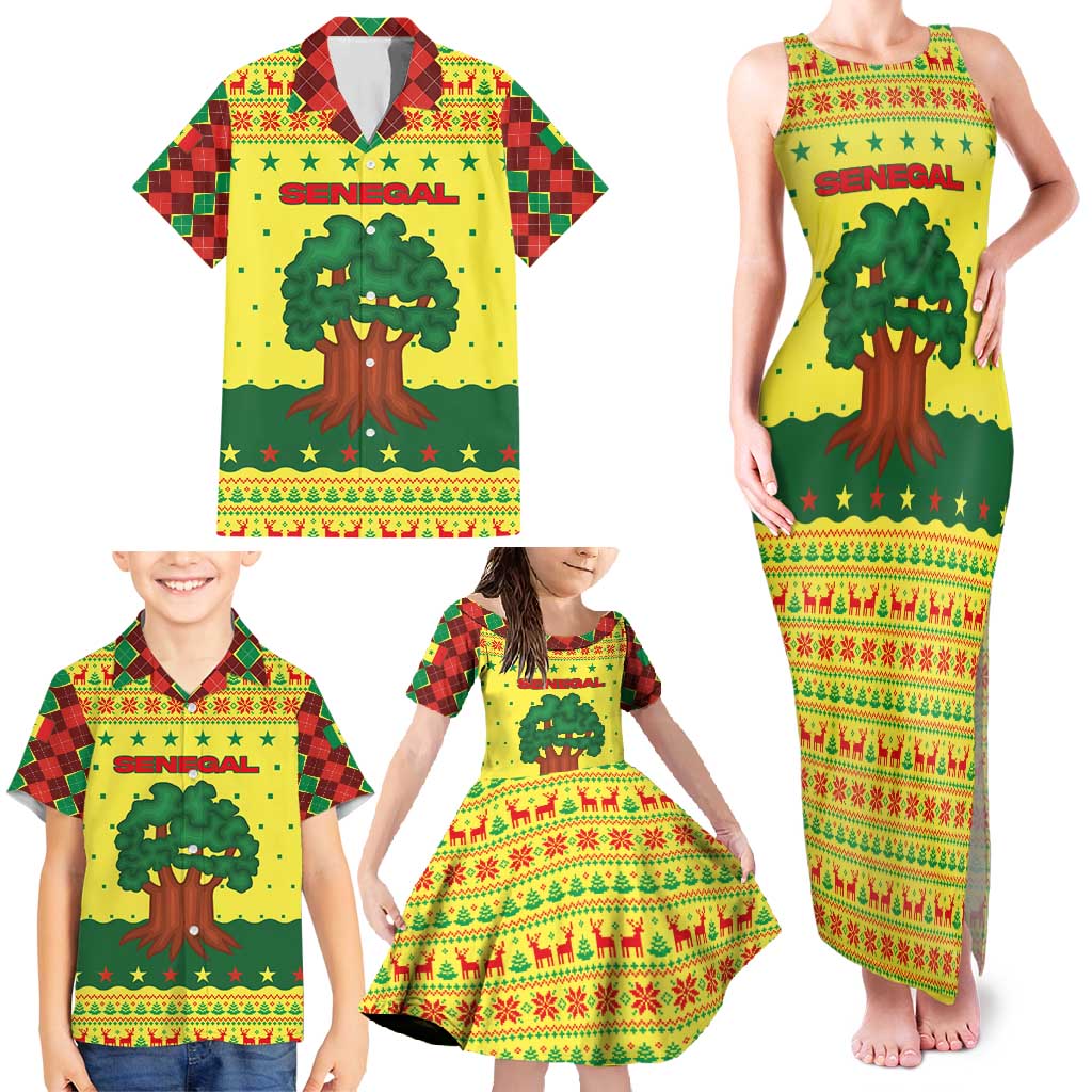 Senegal Christmas Family Matching Tank Maxi Dress and Hawaiian Shirt with Yellow-Green-Red Design, Baobab Tree, and National Coat of Arms Motif - Wonder Print Shop