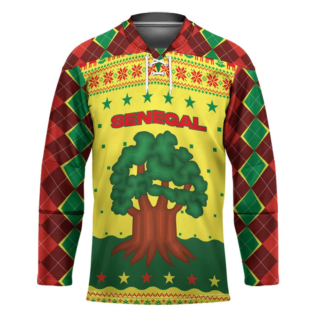 Senegal Christmas Hockey Jersey with Yellow-Green-Red Design, Baobab Tree, and National Coat of Arms Motif - Wonder Print Shop