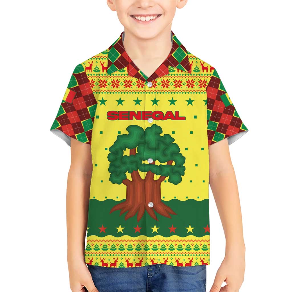 Senegal Christmas Kid Hawaiian Shirt with Yellow-Green-Red Design, Baobab Tree, and National Coat of Arms Motif - Wonder Print Shop
