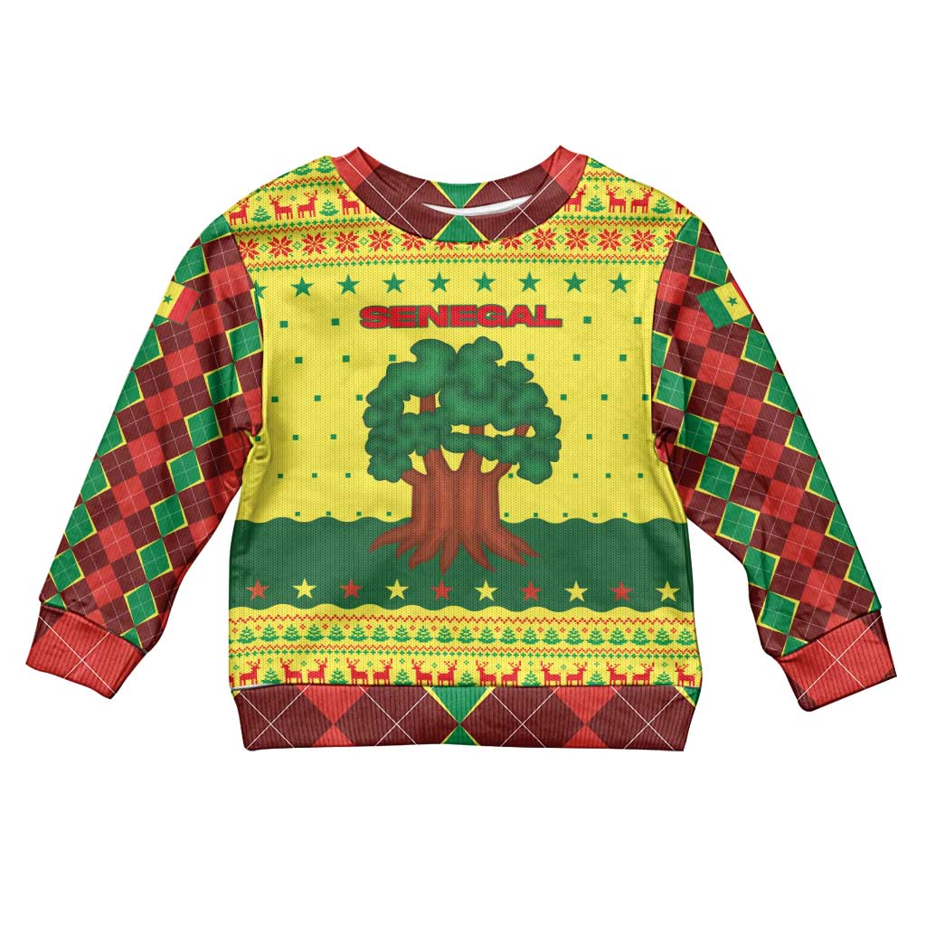 Senegal Christmas Kid Ugly Christmas Sweater with Yellow-Green-Red Design, Baobab Tree, and National Coat of Arms Motif - Wonder Print Shop