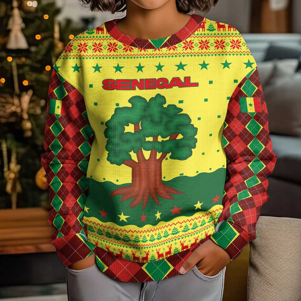 Senegal Christmas Kid Ugly Christmas Sweater with Yellow-Green-Red Design, Baobab Tree, and National Coat of Arms Motif - Wonder Print Shop