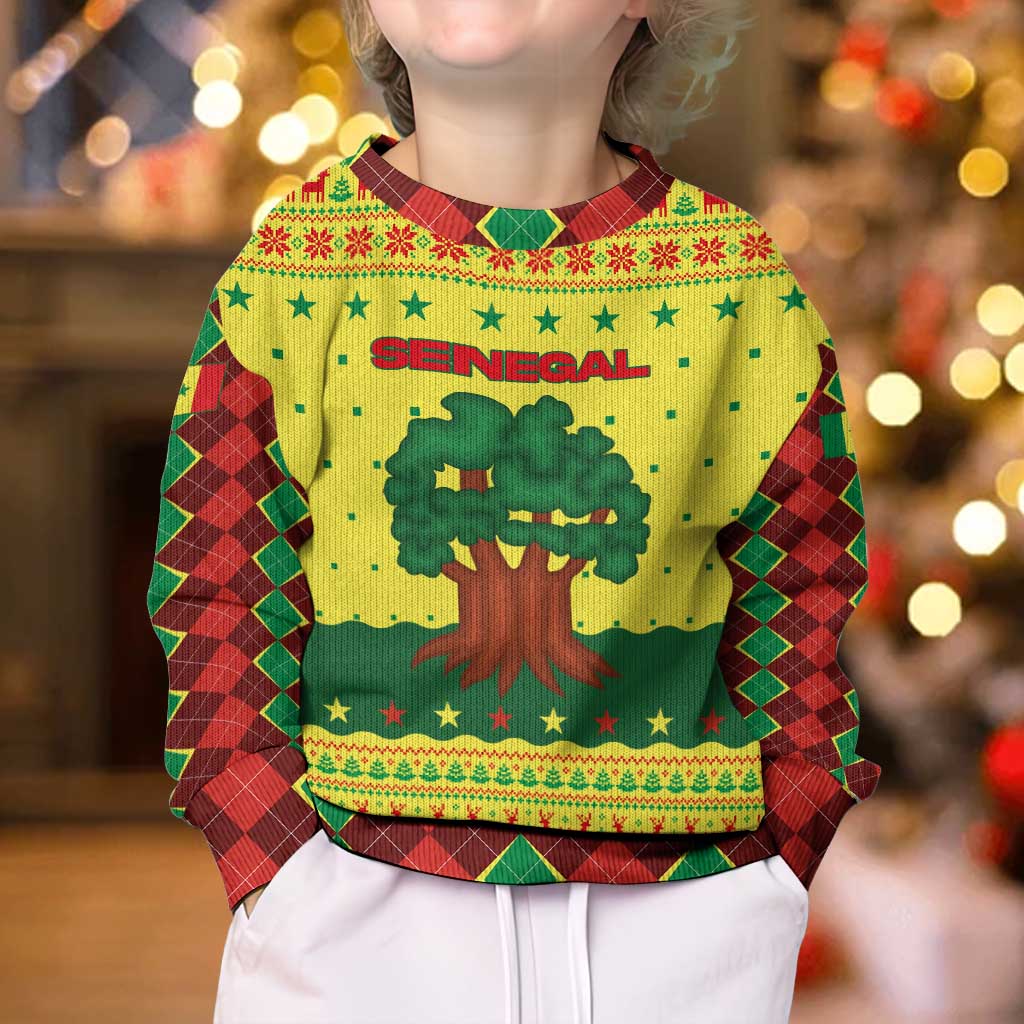 Senegal Christmas Kid Ugly Christmas Sweater with Yellow-Green-Red Design, Baobab Tree, and National Coat of Arms Motif - Wonder Print Shop