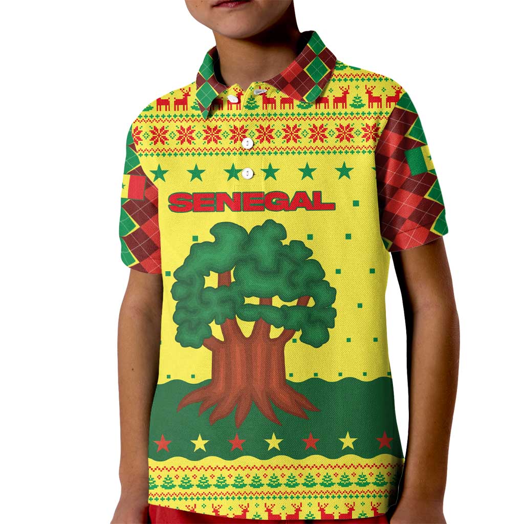 Senegal Christmas Kid Polo Shirt with Yellow-Green-Red Design, Baobab Tree, and National Coat of Arms Motif - Wonder Print Shop