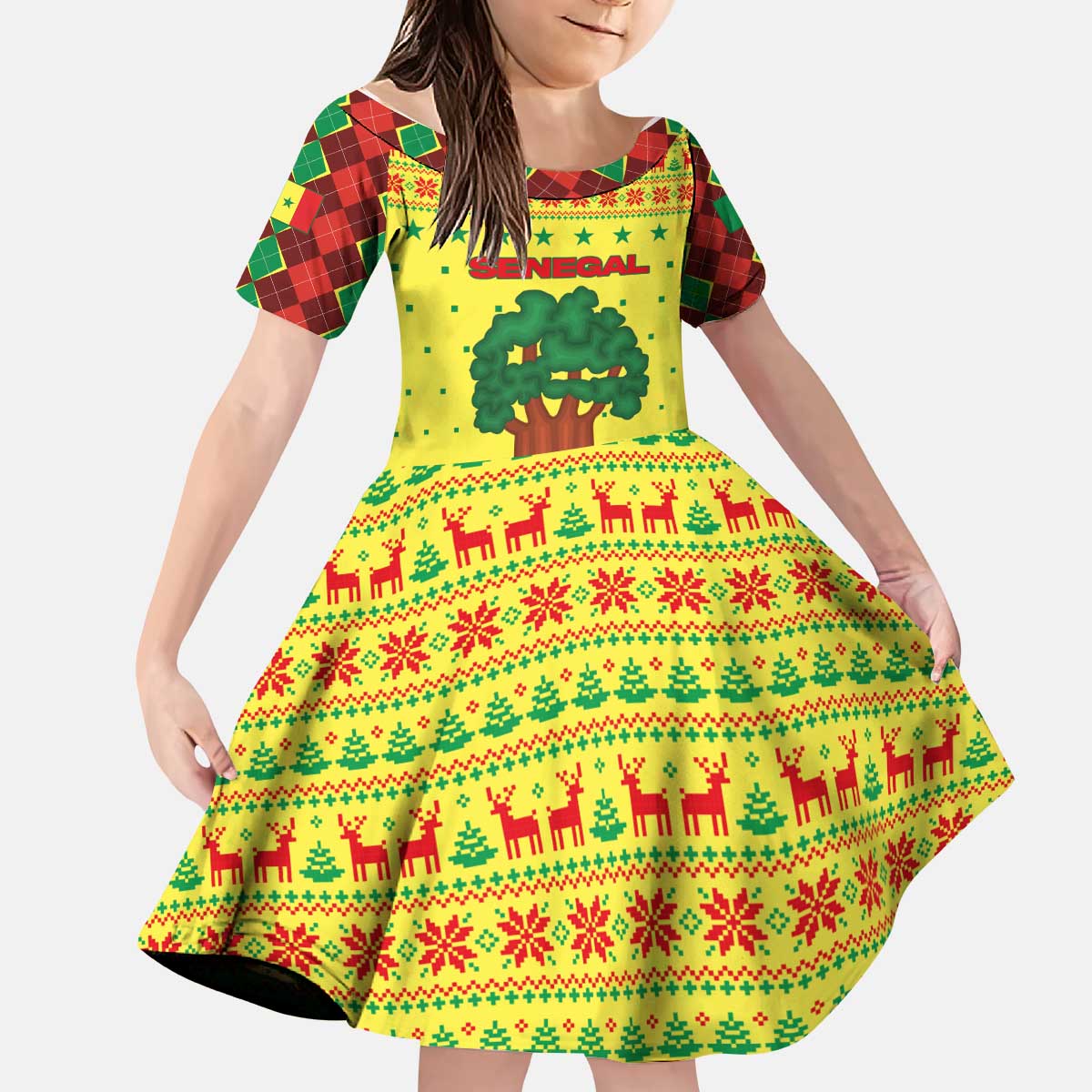 Senegal Christmas Kid Short Sleeve Dress with Yellow-Green-Red Design, Baobab Tree, and National Coat of Arms Motif - Wonder Print Shop