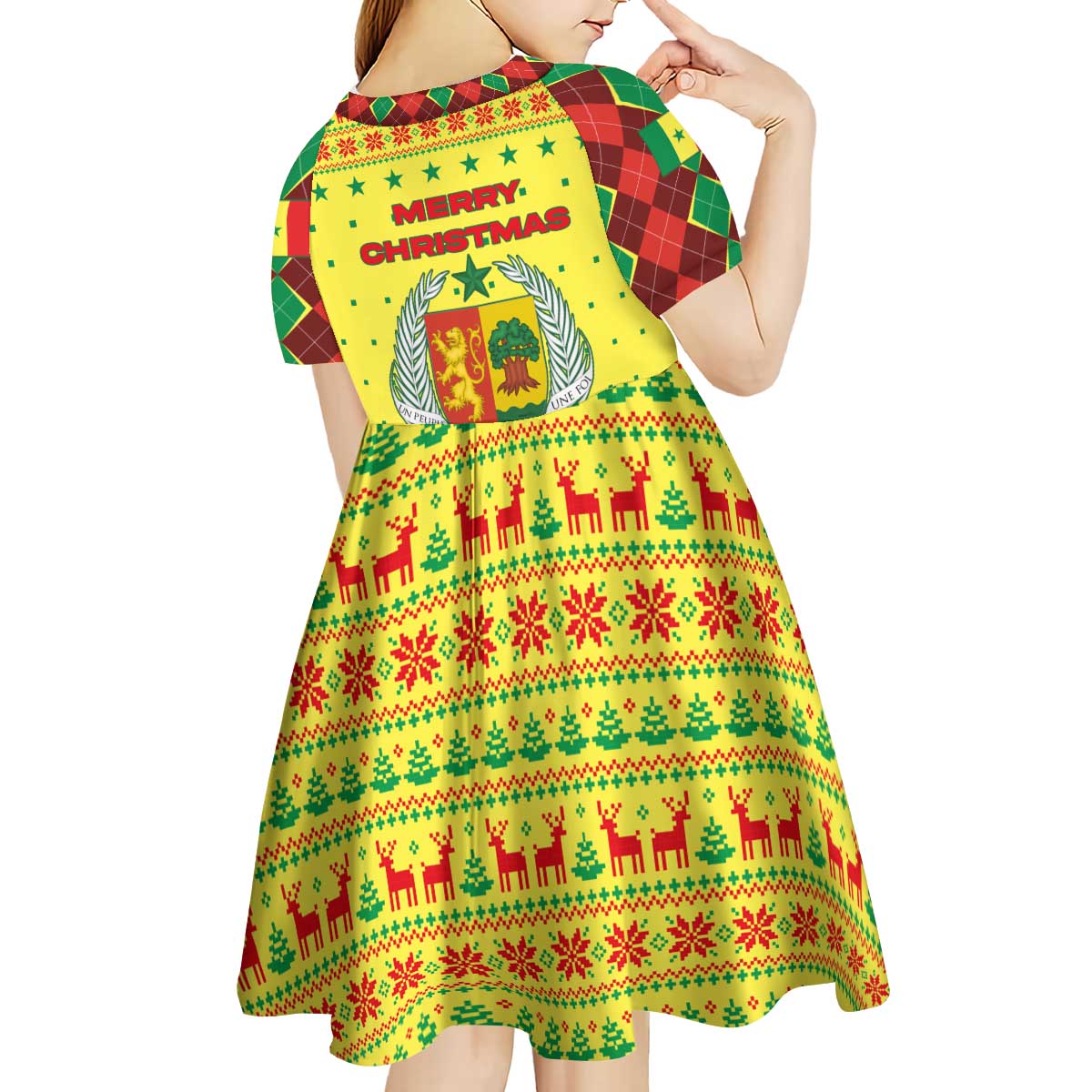 Senegal Christmas Kid Short Sleeve Dress with Yellow-Green-Red Design, Baobab Tree, and National Coat of Arms Motif - Wonder Print Shop