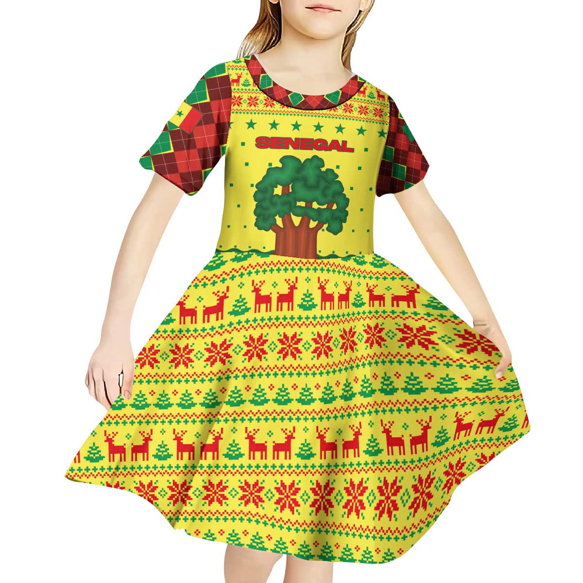Senegal Christmas Kid Short Sleeve Dress with Yellow-Green-Red Design, Baobab Tree, and National Coat of Arms Motif - Wonder Print Shop