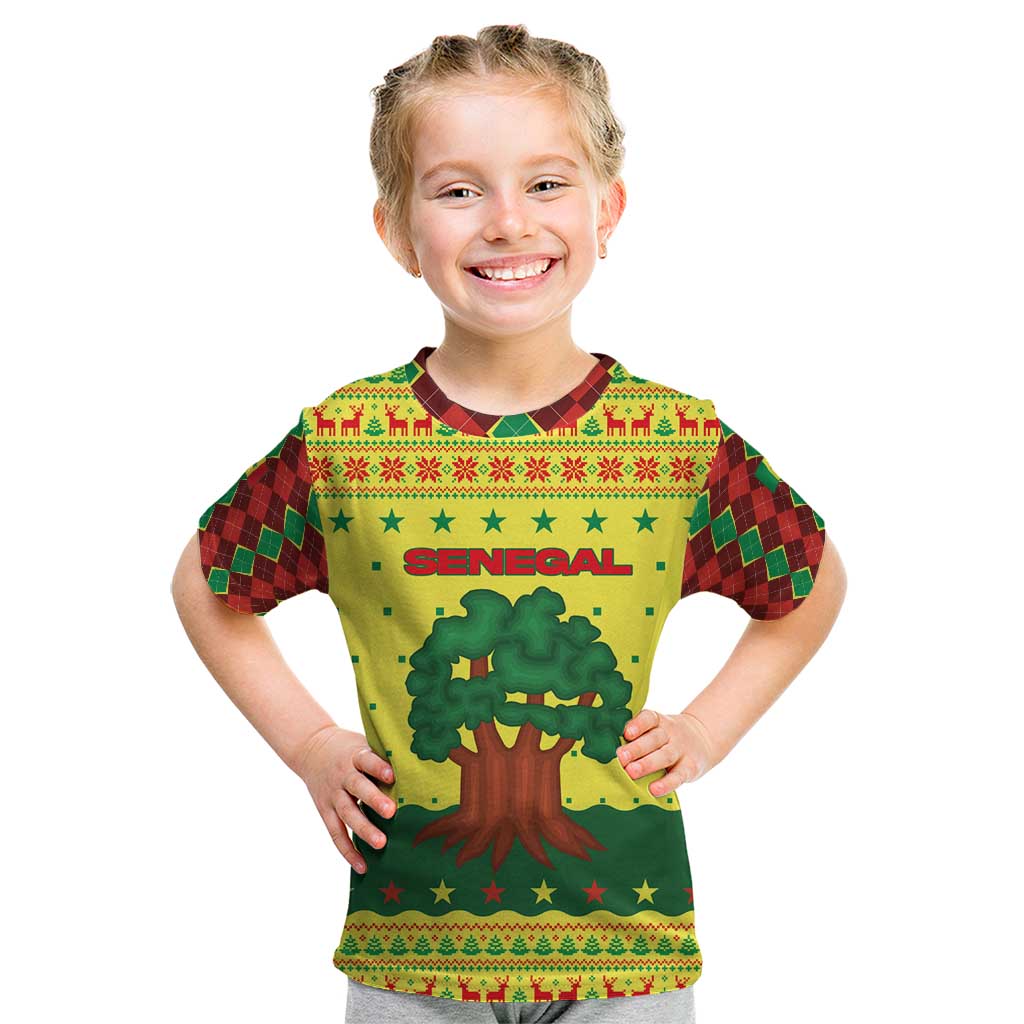 Senegal Christmas Kid T Shirt with Yellow-Green-Red Design, Baobab Tree, and National Coat of Arms Motif - Wonder Print Shop