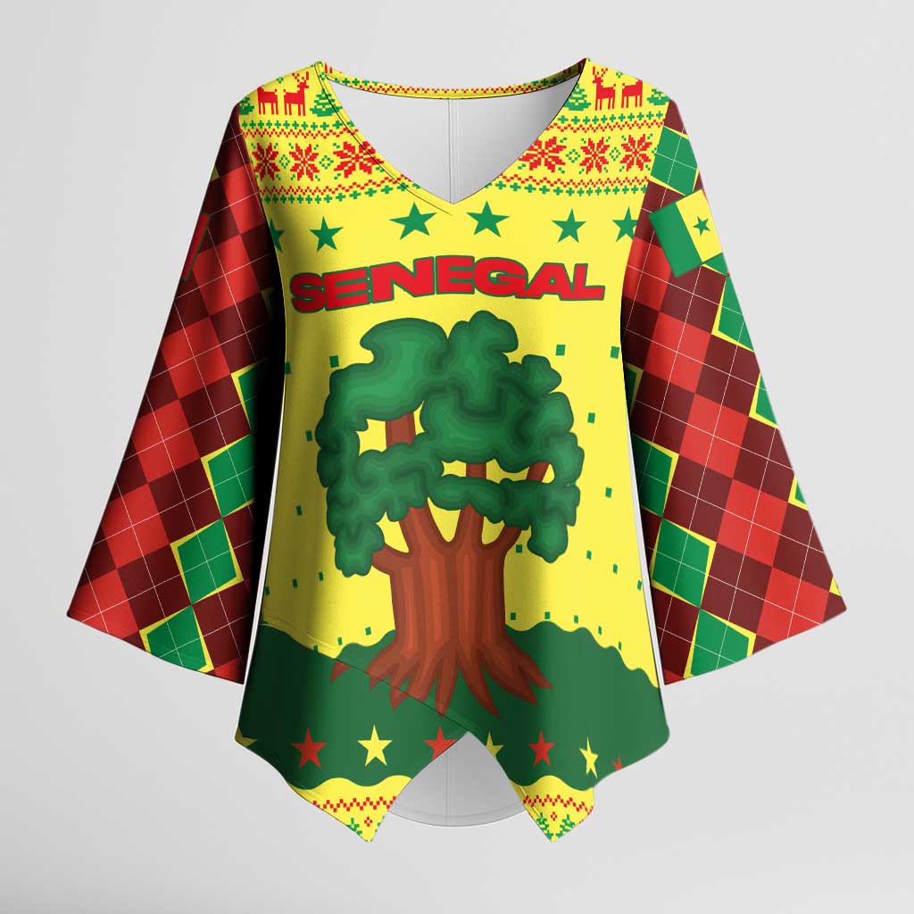 Senegal Christmas Kimono Sleeve Blouse with Yellow-Green-Red Design, Baobab Tree, and National Coat of Arms Motif - Wonder Print Shop