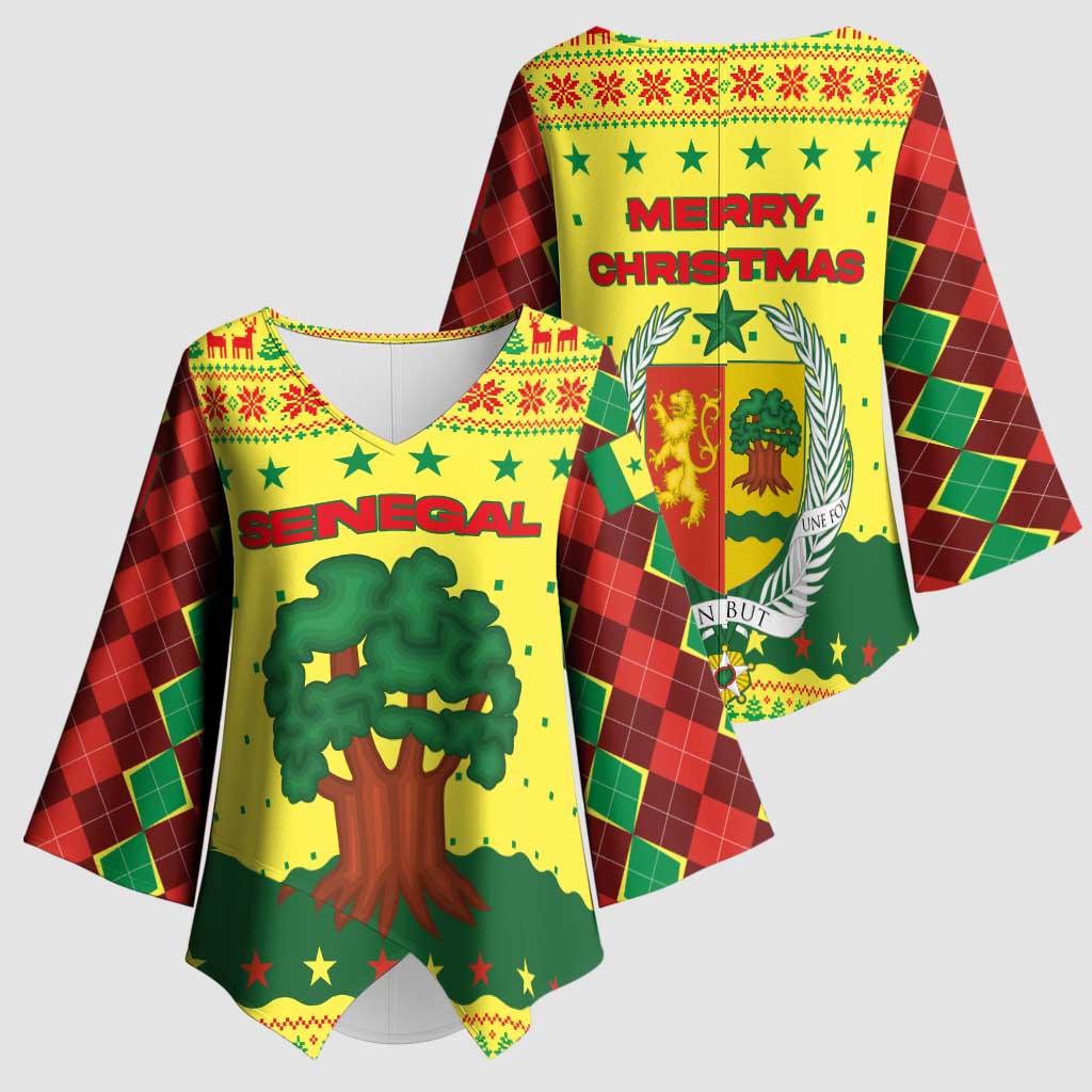Senegal Christmas Kimono Sleeve Blouse with Yellow-Green-Red Design, Baobab Tree, and National Coat of Arms Motif - Wonder Print Shop