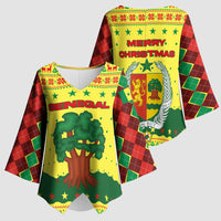Senegal Christmas Kimono Sleeve Blouse with Yellow-Green-Red Design, Baobab Tree, and National Coat of Arms Motif - Wonder Print Shop