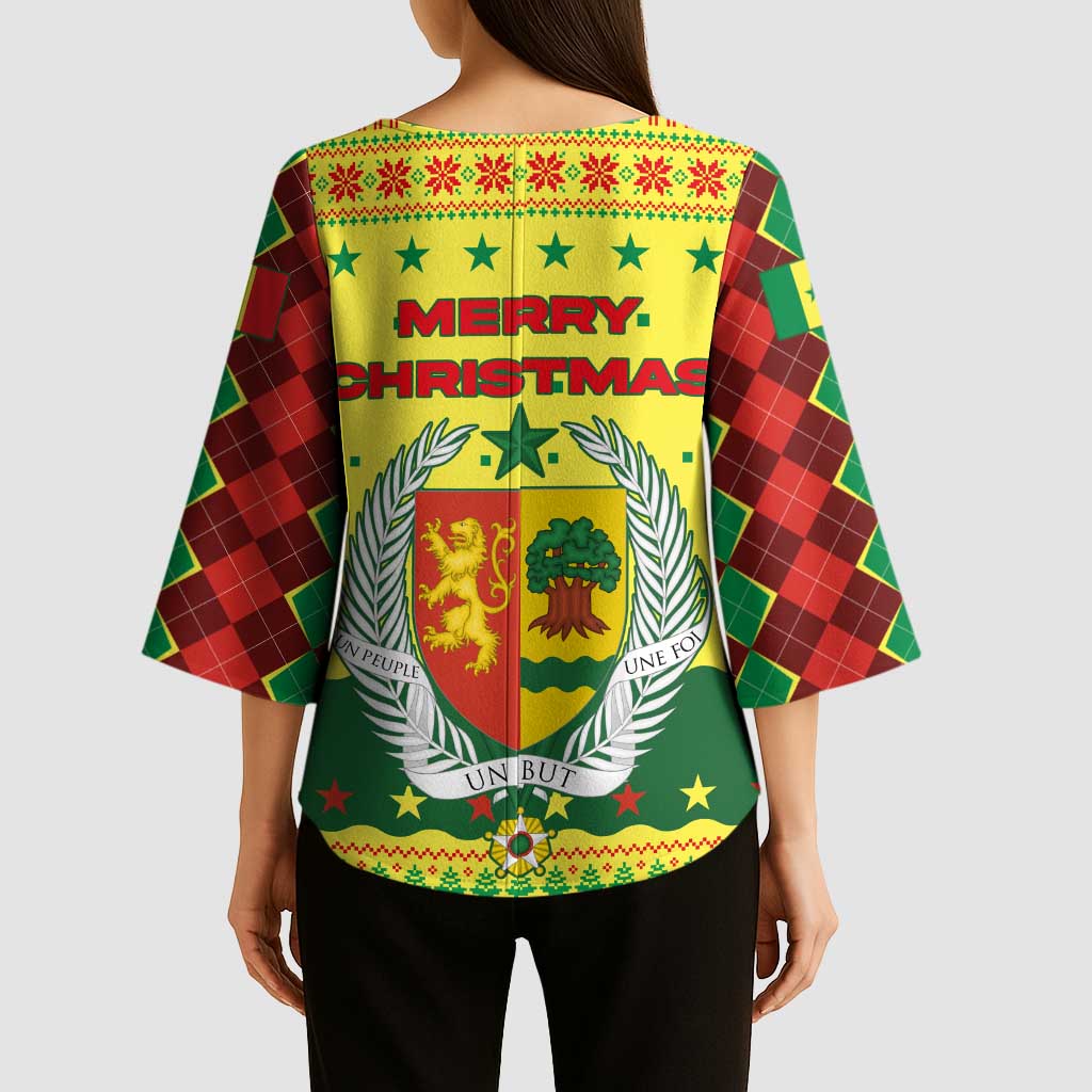 Senegal Christmas Kimono Sleeve Blouse with Yellow-Green-Red Design, Baobab Tree, and National Coat of Arms Motif - Wonder Print Shop