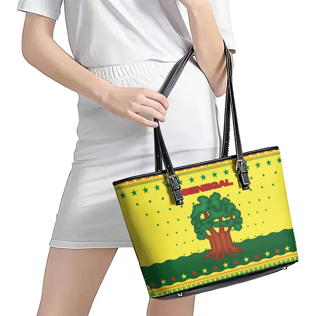 Senegal Christmas Leather Tote Bag with Yellow-Green-Red Design, Baobab Tree, and National Coat of Arms Motif - Wonder Print Shop
