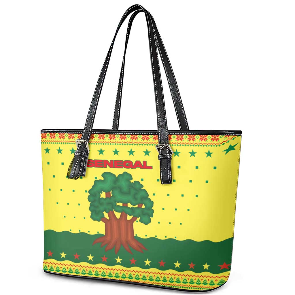Senegal Christmas Leather Tote Bag with Yellow-Green-Red Design, Baobab Tree, and National Coat of Arms Motif - Wonder Print Shop