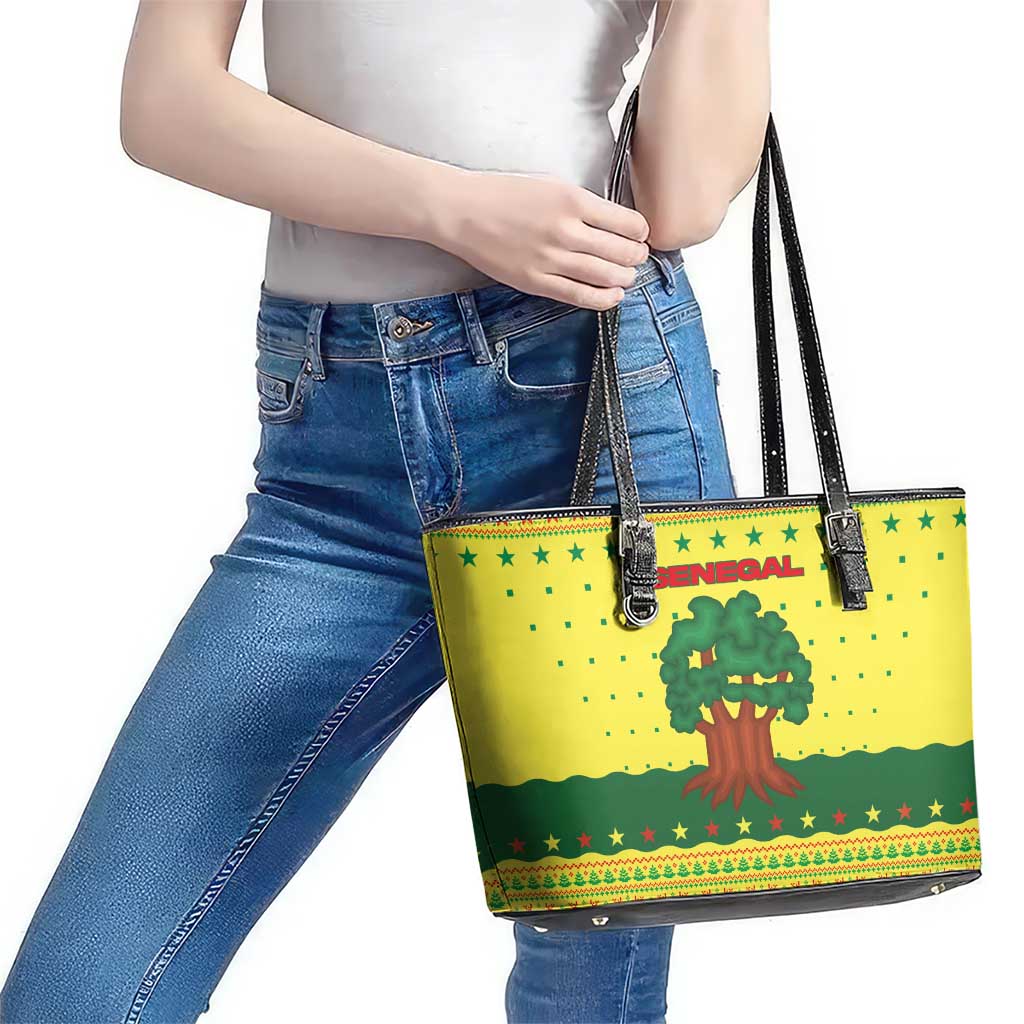 Senegal Christmas Leather Tote Bag with Yellow-Green-Red Design, Baobab Tree, and National Coat of Arms Motif - Wonder Print Shop