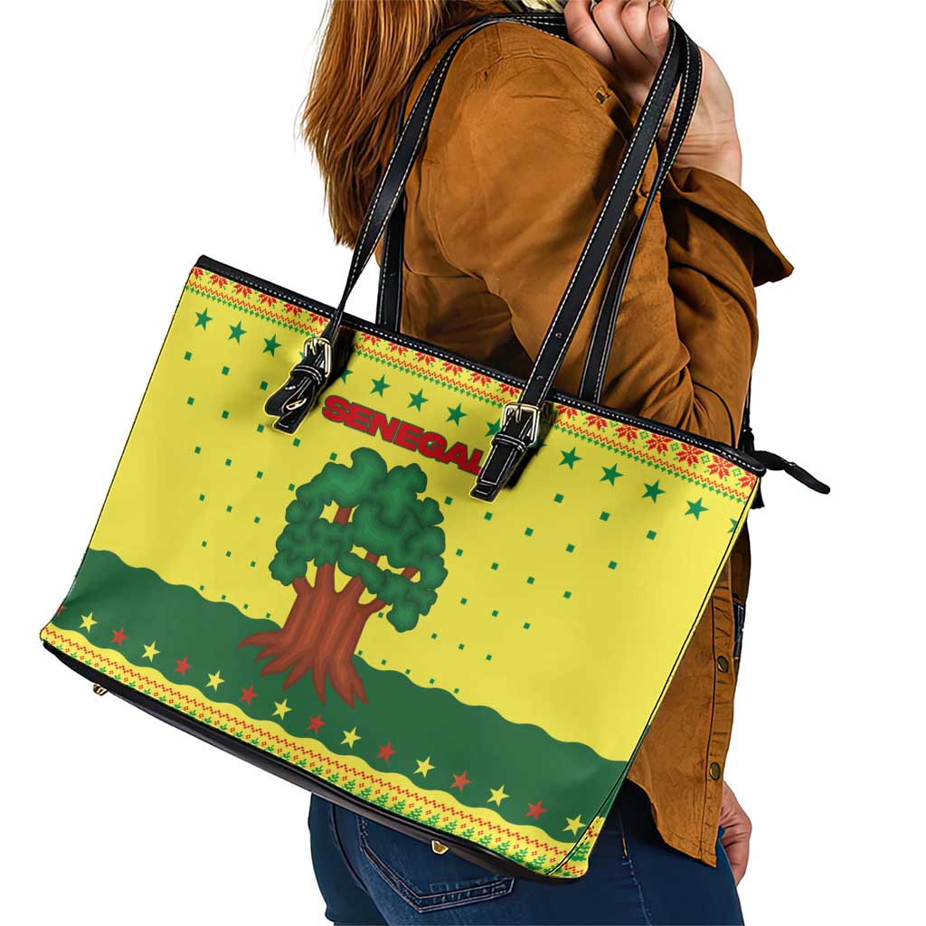 Senegal Christmas Leather Tote Bag with Yellow-Green-Red Design, Baobab Tree, and National Coat of Arms Motif - Wonder Print Shop