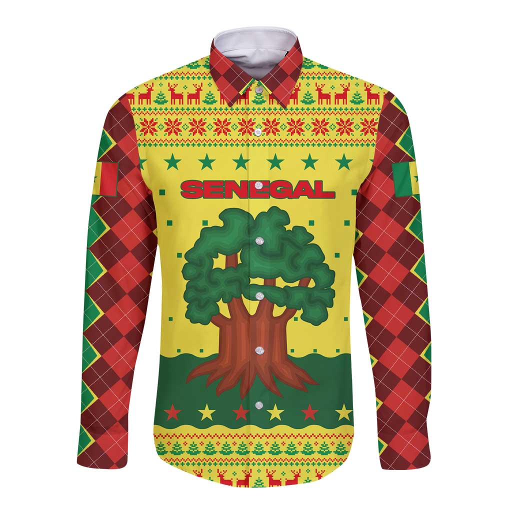 Senegal Christmas Long Sleeve Button Shirt with Yellow-Green-Red Design, Baobab Tree, and National Coat of Arms Motif - Wonder Print Shop