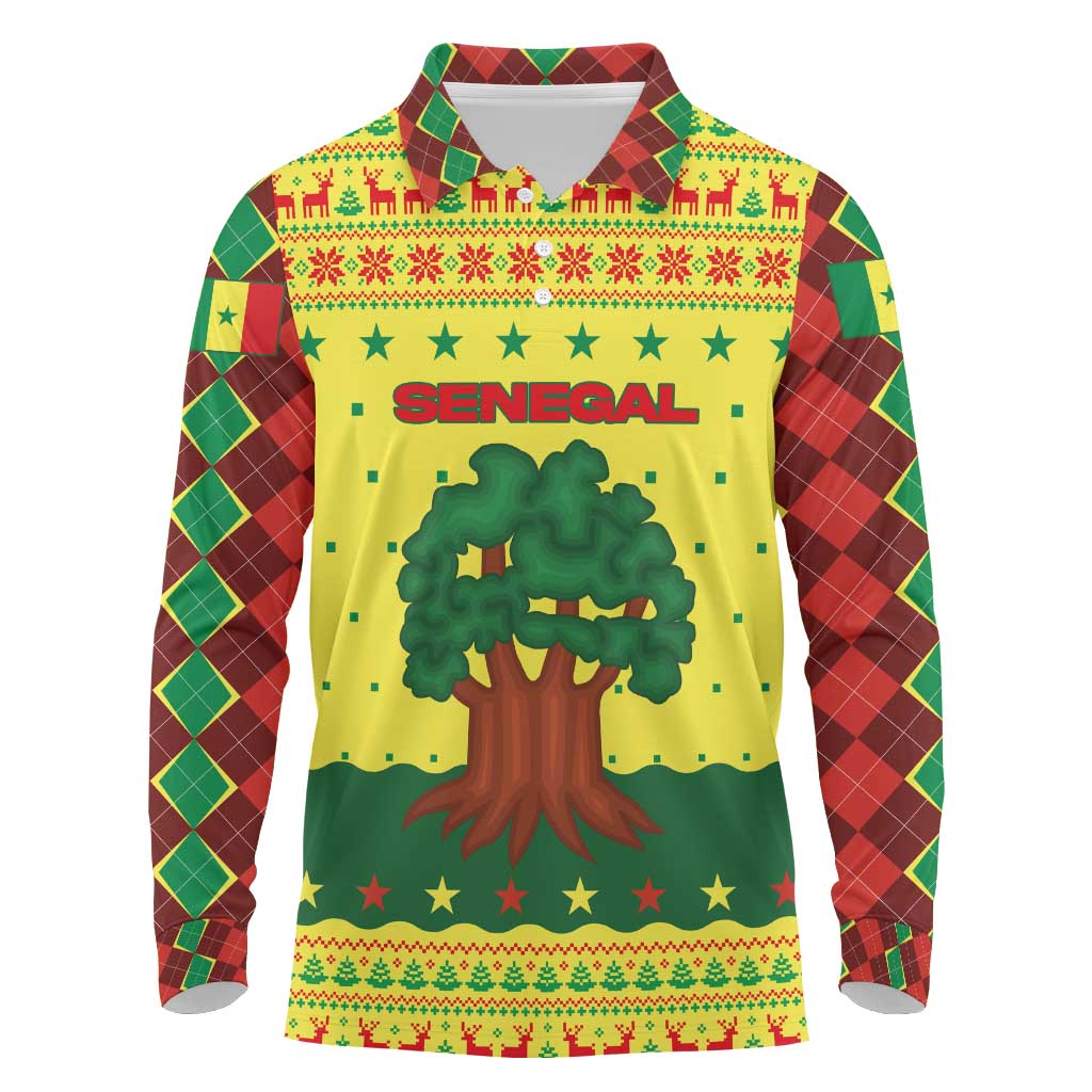 Senegal Christmas Long Sleeve Polo Shirt with Yellow-Green-Red Design, Baobab Tree, and National Coat of Arms Motif - Wonder Print Shop