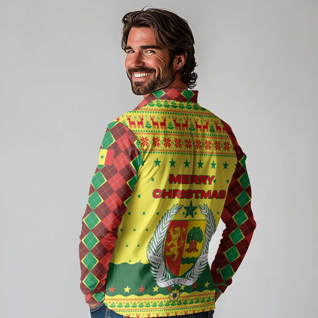 Senegal Christmas Long Sleeve Polo Shirt with Yellow-Green-Red Design, Baobab Tree, and National Coat of Arms Motif - Wonder Print Shop