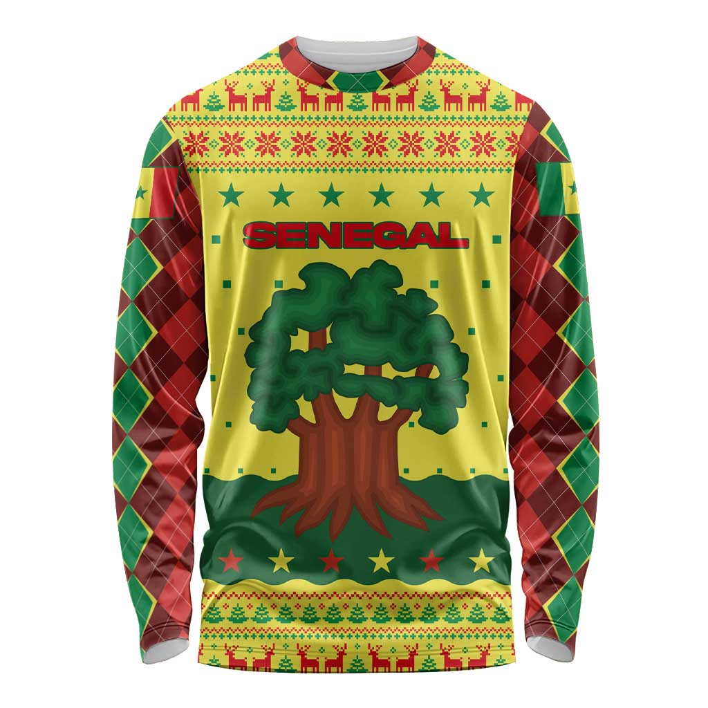 Senegal Christmas Long Sleeve Shirt with Yellow-Green-Red Design, Baobab Tree, and National Coat of Arms Motif - Wonder Print Shop