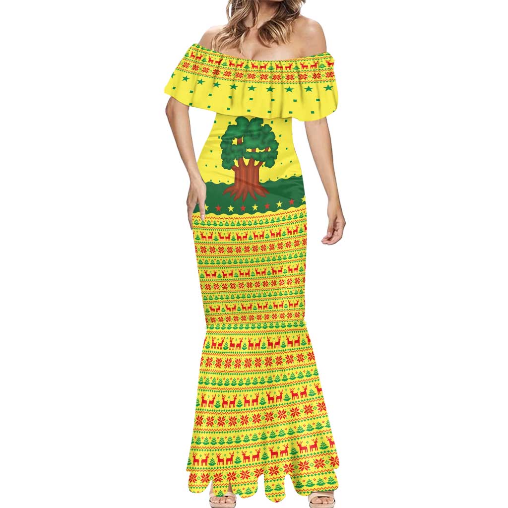 Senegal Christmas Mermaid Dress with Yellow-Green-Red Design, Baobab Tree, and National Coat of Arms Motif - Wonder Print Shop