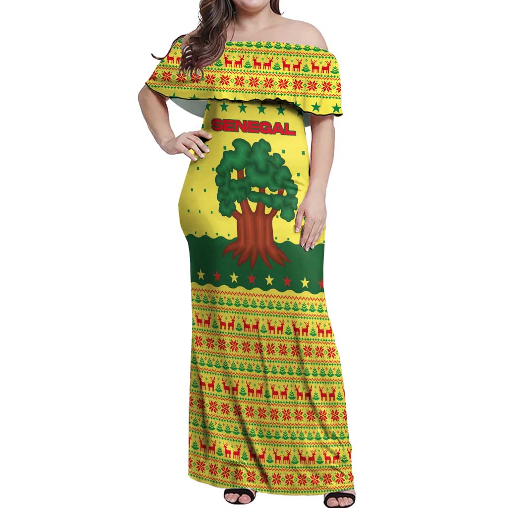 Senegal Christmas Off Shoulder Maxi Dress with Yellow-Green-Red Design, Baobab Tree, and National Coat of Arms Motif - Wonder Print Shop