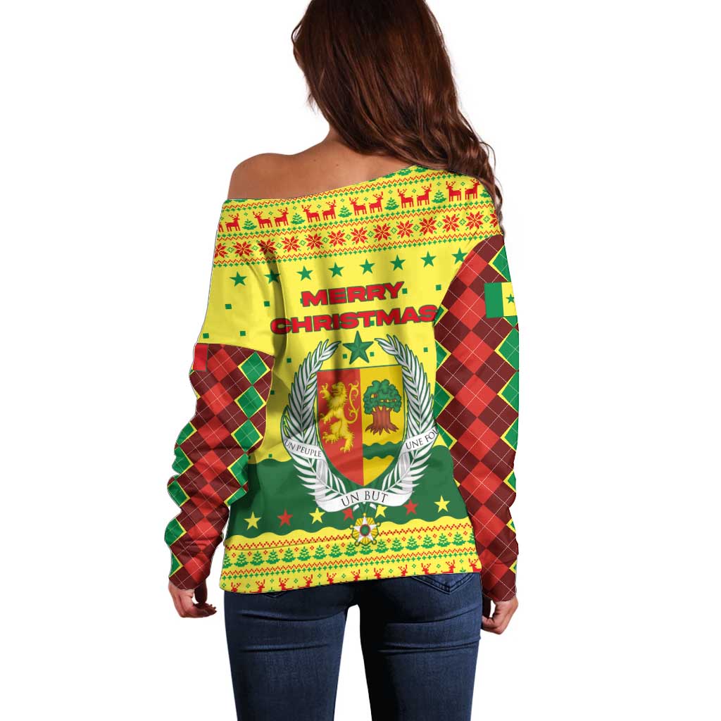 Senegal Christmas Off Shoulder Sweater with Yellow-Green-Red Design, Baobab Tree, and National Coat of Arms Motif - Wonder Print Shop