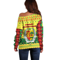 Senegal Christmas Off Shoulder Sweater with Yellow-Green-Red Design, Baobab Tree, and National Coat of Arms Motif - Wonder Print Shop