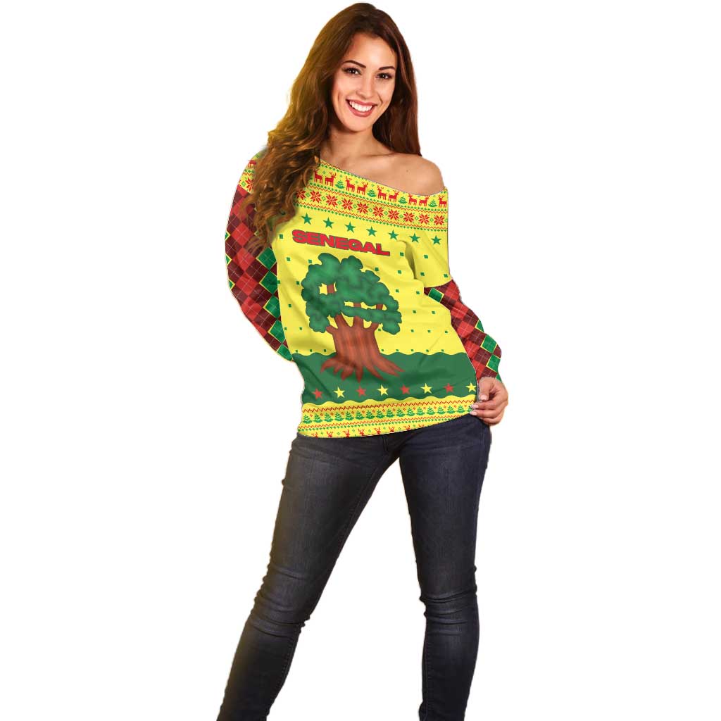 Senegal Christmas Off Shoulder Sweater with Yellow-Green-Red Design, Baobab Tree, and National Coat of Arms Motif - Wonder Print Shop