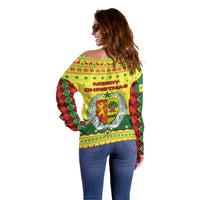 Senegal Christmas Off Shoulder Sweater with Yellow-Green-Red Design, Baobab Tree, and National Coat of Arms Motif - Wonder Print Shop
